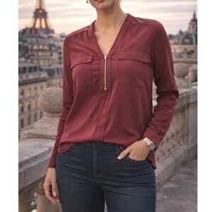 Express Women's XS Mauve Zip Front Blouse Roll Tab Sleeve Semi Sheer